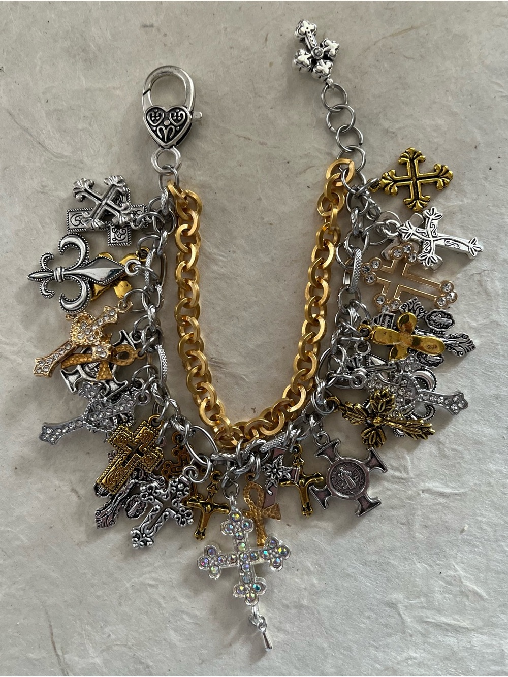 Multi Cross Charm Bracelet Silver and Gold Tone
